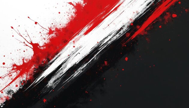 Abstract graphic background with bold red paint splashes. Dynamic black, white diagonal brush strokes create modern art texture. Expressive energetic composition, high contrast color, contemporary