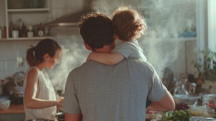 Man with child on shoulder near woman preparing food in kitchen