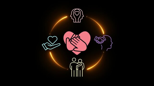 Empathy concept on the black background. The power of emotional intelligence, soft skill development. Empathy in the workplace, good leaders, good teams. Motion graphics of compassion idea. 4k video.