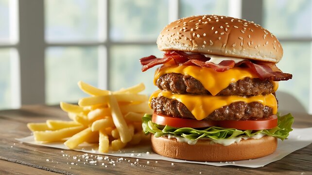 A towering double bacon cheeseburger with melted cheddar cheese and fresh toppings served with a side of crispy golden french fries