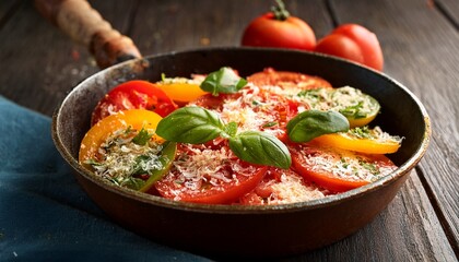 Fototapeta premium Colorful Sliced Tomatoes With Basil And Grated Cheese In A Rustic Pan