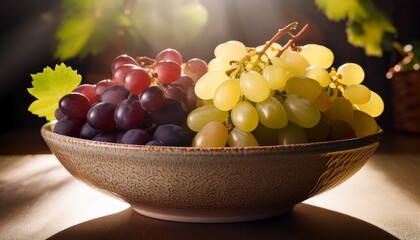 Assorted Grapes In A Decorative Bowl Illuminated By Soft Sunlight