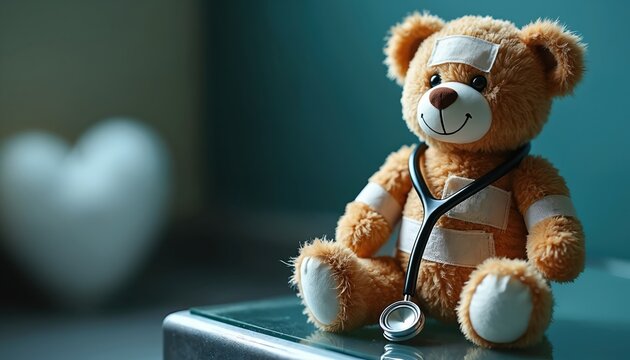 Cute teddy bear patient with bandages, stethoscope at clinic. Smiling plush toy sits on table for medical checkup. Concept of pediatrics, childhood illness, kids hospital, healthcare, recovery,
