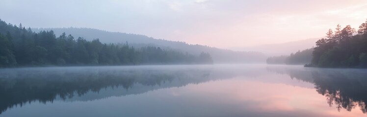 Fototapeta premium Calm forest lake scenery at misty morning. Fog floats over water surface near trees. Reflection of woodland at skyline in smooth lake water. Nature background at sundown.