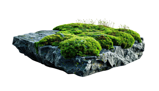 Moss-covered rocky plateau with sparse grass on a black background, showing textural detail and natural aesthetic