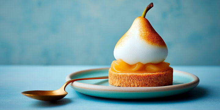 Elegant pear-shaped dessert with toasted meringue, fruit filling and cookie base served on pastel plate