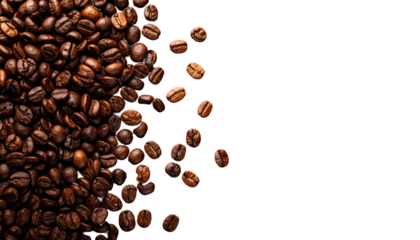 Coffee beans cluster diagonally on a black backdrop, creating a warm, rich, inviting texture and minimalist aesthetic