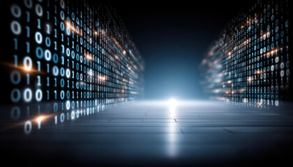 Data modernization visual corridor with glowing binary code and reflective floor evoking