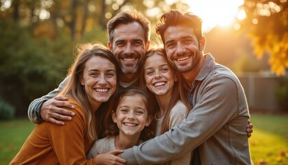 Obraz premium Happy family of five smiles close together outdoors during golden hour. Parents embrace their children in a warm, sunny backyard scene. People enjoy bonding time in nature.