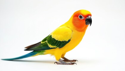 Obraz premium Vibrant sun conure parrot stands on clean white studio background. Feathers bright yellow, orange, green, blue. Tropical pet bird beautiful plumage, curious gaze. Great for educational projects,