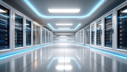 Obraz premium Data modernization sleek server room corridor with reflective floor and cool blue lighting