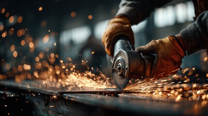 Worker in gloves uses a grinder on metal creating sparks at a factory