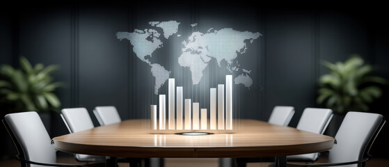Modern boardroom meeting table with holographic data visualization and modernization concept