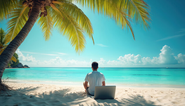 Young man works on laptop computer on beautiful sunny tropical beach. Sits on white sand under large palm tree shade. Clear turquoise ocean water meets blue sky with fluffy white clouds. Digital