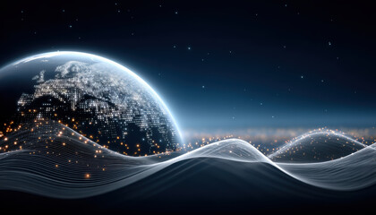 Data modernization illuminated globe with flowing digital wave and city lights evoking global