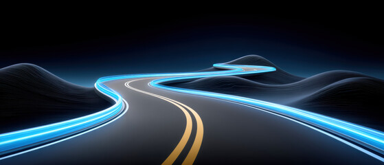 Futuristic highway with data modernization glowing edges and winding road evoke dynamic progress