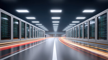 Fototapeta premium Data modernization server room corridor with motion blur and glowing network lights