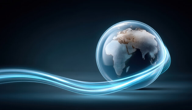 Data modernization globe with glowing network ribbon conveying digital connectivity