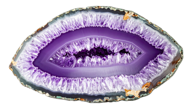 Violet crystal geode with layered concentric rings and pointed crystalline formations inside, isolated on a transparent background