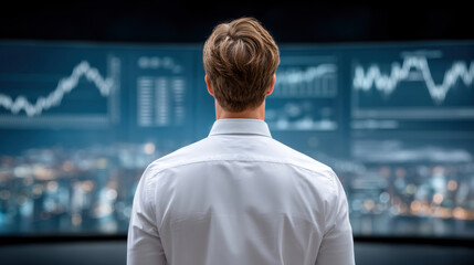 Data modernization analyst studies financial charts on large screen in control room