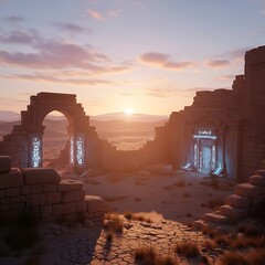 Ancient Desert Ruins with Glowing Blue Portals at Sunset.