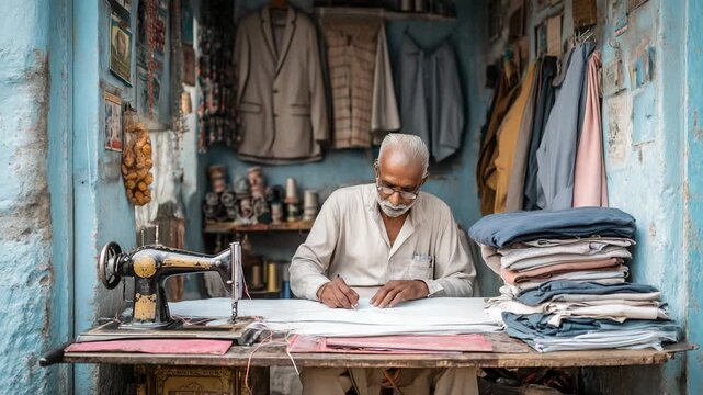 Elderly tailor working in his shop, sewing with an antique sewing machine