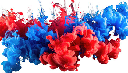 Fototapeta premium Red and blue paint swirl and bloom, suspended against a black background, creating abstract shapes