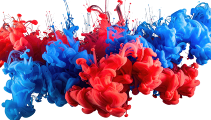 Red and blue paint swirl and bloom, suspended against a black background, creating abstract shapes