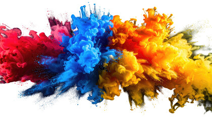 Vibrant, saturated pigment explosion with red, blue, orange, and yellow hues against a black backdrop