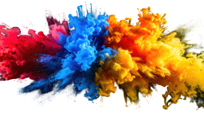 Vibrant, saturated pigment explosion with red, blue, orange, and yellow hues against a black backdrop