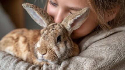 Girl cuddles pet rabbit at home for love support and relaxation She pets and hugs the bunny for comfort