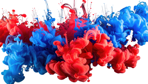 Red and blue paint swirl and bloom, suspended against a black background, creating abstract shapes