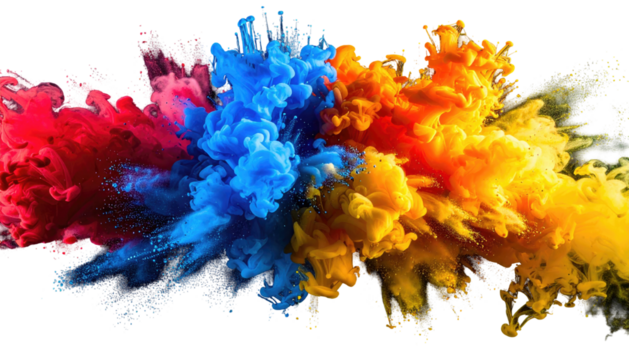 Vibrant, saturated pigment explosion with red, blue, orange, and yellow hues against a black backdrop