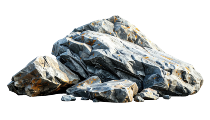 Pile of jagged, textured rocks in shades of gray with small orange flecks against a black background