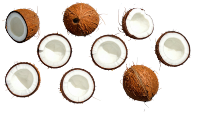 Assorted coconut halves and whole fruits scattered on a black backdrop, presenting diverse textures and forms