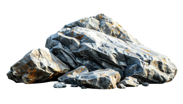 Pile of jagged, textured rocks in shades of gray with small orange flecks against a black background