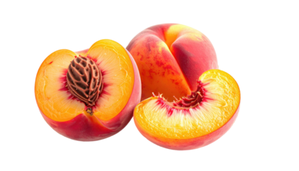 Three ripe peaches, one halved showing the pit, and another sliced against a black background