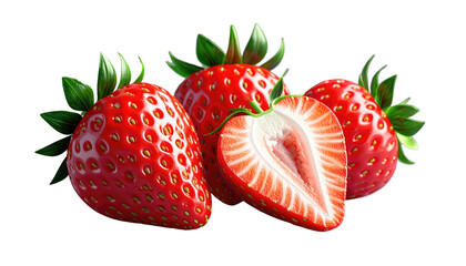 Three strawberries, one cut in half, show seeds and texture; bright red and green, presented on a black background
