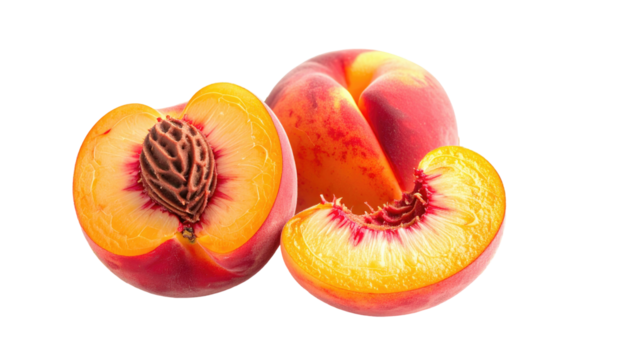 Three ripe peaches, one halved showing the pit, and another sliced against a black background