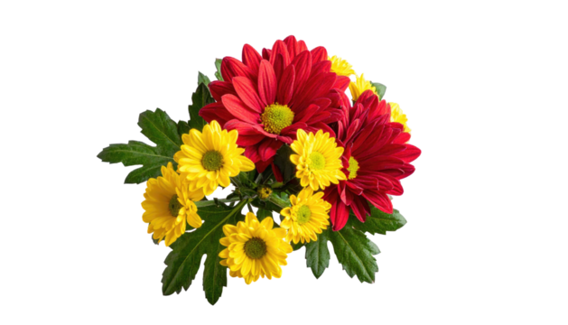 Vibrant red and yellow daisy bouquet, centered on black background with green leaves interweaving flowers