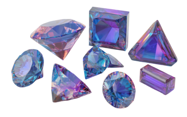 Gems in varying cuts glimmer with purple, teal, & gold iridescence on a black backdrop, creating a luxurious display
