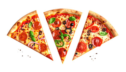 Three pizza slices arranged, showing various toppings pepperoni, olives, tomatoes, basil, and onion on a cheesy crust