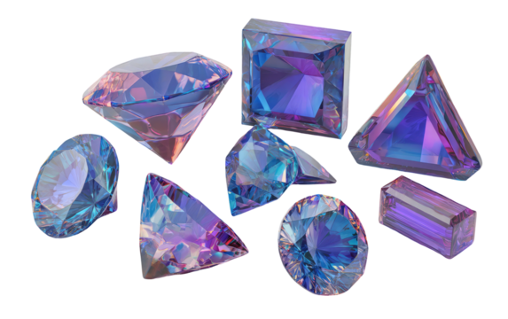 Gems in varying cuts glimmer with purple, teal, & gold iridescence on a black backdrop, creating a luxurious display