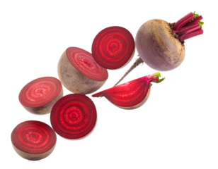 flying red beetroot and half slices isolated background