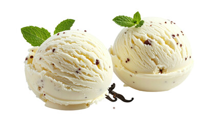 Two scoops of pale yellow ice cream with dark specks, garnished with mint sprigs on a transparent background