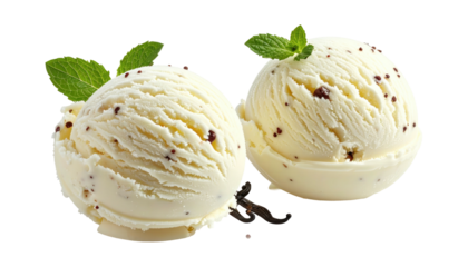 Two scoops of pale yellow ice cream with dark specks, garnished with mint sprigs on a transparent background