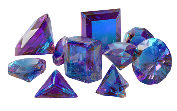Iridescent gems in various cuts shine with violet, blue, and teal on a black background, reflecting light