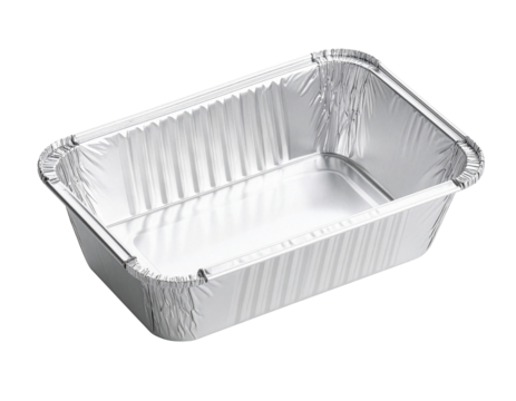 A rectangular aluminum foil container with ridged edges and a reflective surface, disposable food tray  transparent png