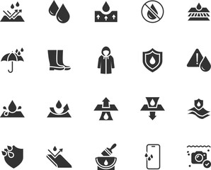 Vector set of waterproof flat icons. Contains icons moisture repellent, waterproofing, absorbent, umbrella, raincoat, rubber boots and more. Pixel perfect.