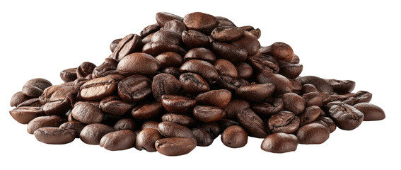 Heaped pile of roasted coffee beans, varying in shade, on black background, close-up, texture visible